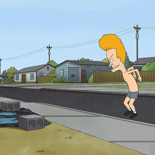 A Cartoon Of A Man Without A Shirt Is Standing On A Sidewalk GIF