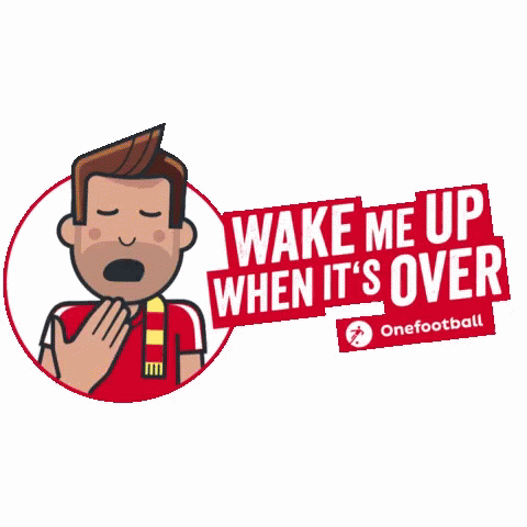 a cartoon of a man yawning with the words wake me up when it 's over on the bottom