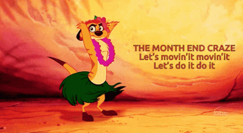 A Cartoon Of A Meerkat In A Hula Skirt With The Words The Month End Craze GIF