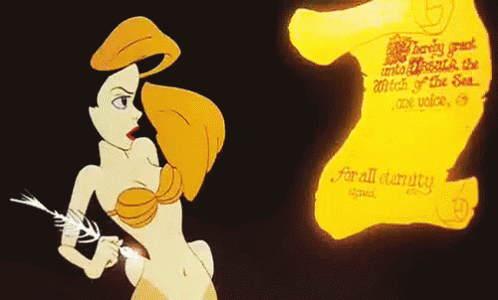 A Cartoon Of A Mermaid Holding A Spear Next To A Scroll That Says ' For All Eternity ' GIF