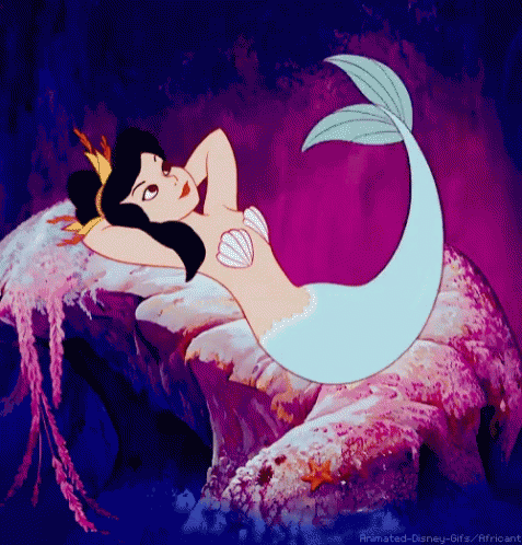 A Cartoon Of A Mermaid Laying On A Rock With A Purple Background GIF