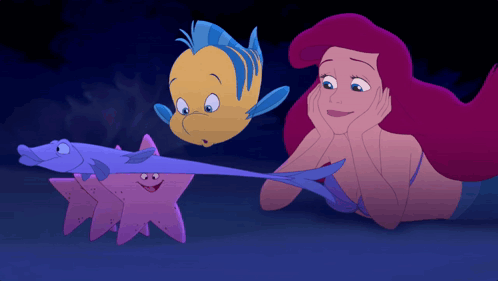 A Cartoon Of A Mermaid Looking At A Fish And Starfish GIF