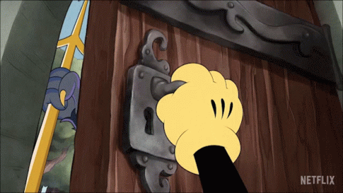 A Cartoon Of A Mickey Mouse Hand Opening A Door With A Netflix Logo In The Corner GIF