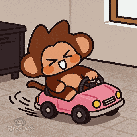 A Cartoon Of A Monkey Driving A Pink Toy Car With The Words Chiwpers On The Bottom GIF