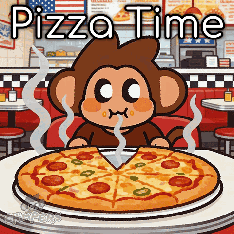 A Cartoon Of A Monkey Eating A Pizza With The Words Pizza Time Written Above It GIF
