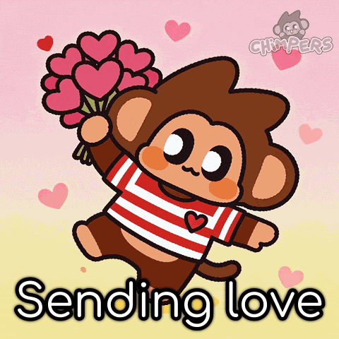 a cartoon of a monkey holding a bouquet of hearts and the words sending love below it