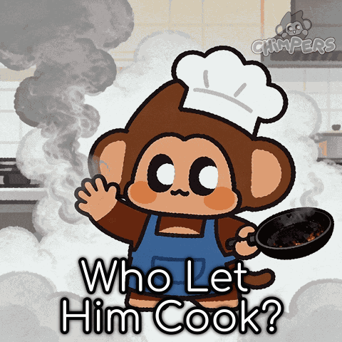 A Cartoon Of A Monkey Holding A Frying Pan With The Words " Who Let Him Cook " Below It GIF