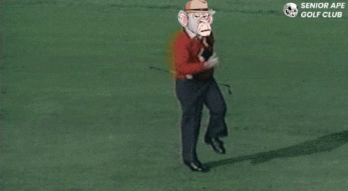 A Cartoon Of A Monkey Holding A Golf Club With The Words Senior Ape Golf Club Behind Him GIF