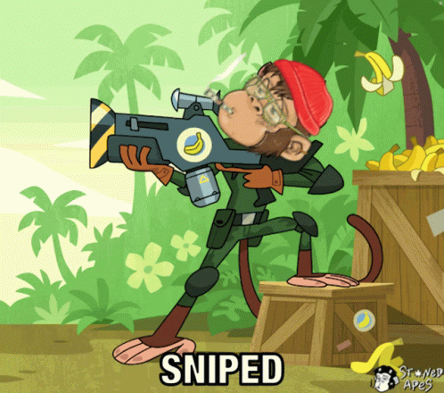 A Cartoon Of A Monkey Holding A Gun With The Word Sniped Underneath It GIF