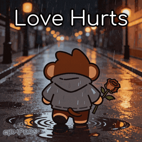 a cartoon of a monkey holding a rose in the rain with the words love hurts above him