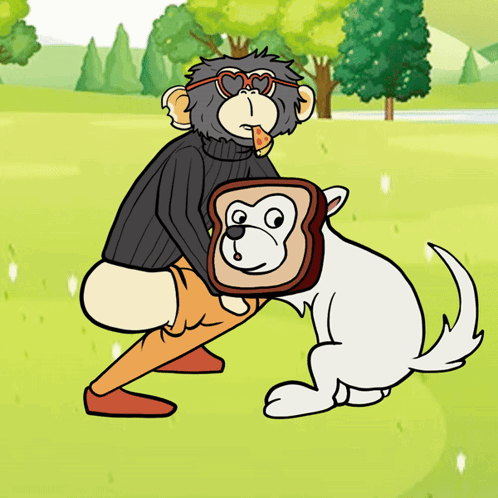 A Cartoon Of A Monkey Hugging A Dog With A Piece Of Toast On Its Head GIF