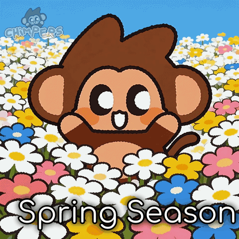 A Cartoon Of A Monkey In A Field Of Flowers With The Words Spring Season GIF