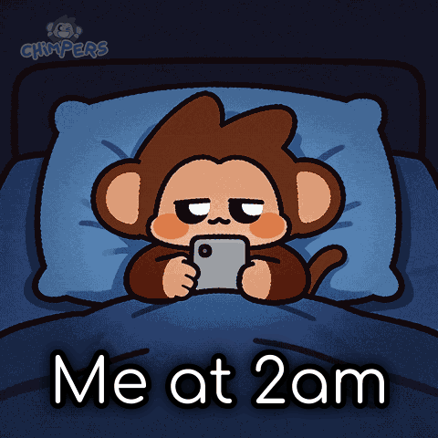 a cartoon of a monkey laying in bed looking at a cell phone with the words " me at 2am " below it