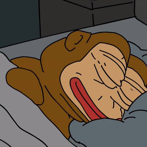 A Cartoon Of A Monkey Laying In Bed With His Tongue Hanging Out GIF
