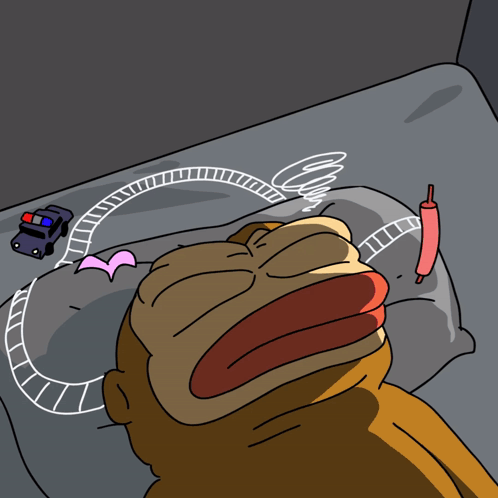 A Cartoon Of A Monkey Laying On A Bed With A Police Car Behind Him GIF