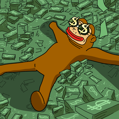 A Cartoon Of A Monkey Laying On A Pile Of Dollar Bills GIF