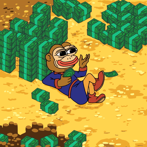 A Cartoon Of A Monkey Laying On The Ground Surrounded By Money GIF