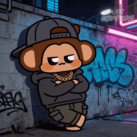 A Cartoon Of A Monkey Leaning Against A Wall With Graffiti On It And A Sign That Says Gimpers GIF