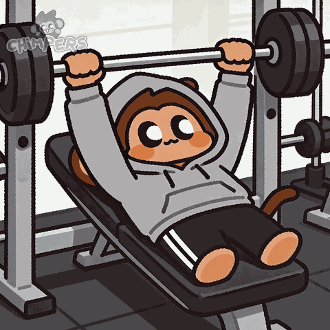 A Cartoon Of A Monkey Lifting A Barbell In A Gym With The Words Grimpers On The Bottom GIF