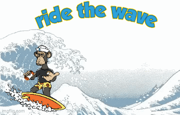 A Cartoon Of A Monkey On A Surfboard With The Words Ride The Wave Above It GIF