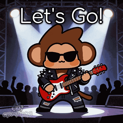a cartoon of a monkey playing a guitar and the words let 's go