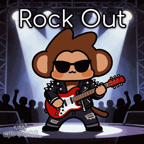 A Cartoon Of A Monkey Playing A Guitar With The Words Rock Out Below Him GIF