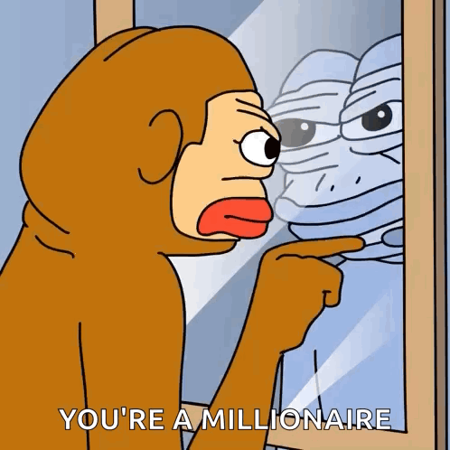 A Cartoon Of A Monkey Pointing At His Reflection In A Mirror With The Words You 'Re A Millionaire GIF