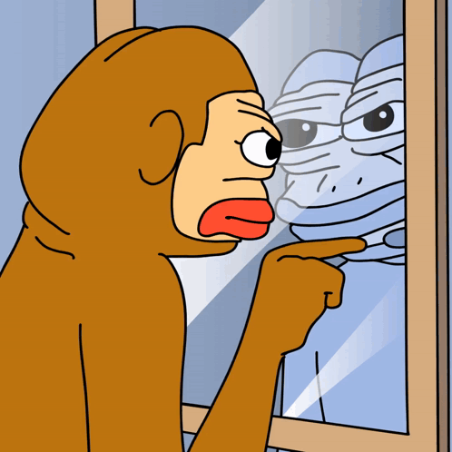 A Cartoon Of A Monkey Pointing At Its Reflection GIF
