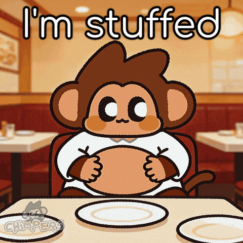 A Cartoon Of A Monkey Sitting At A Table With The Words I 'M Stuffed GIF