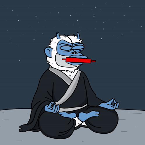 A Cartoon Of A Monkey Sitting In A Lotus Position With A Rolling Pin In His Mouth GIF