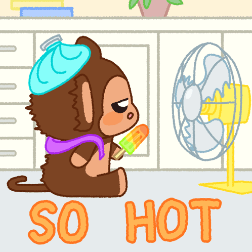 A Cartoon Of A Monkey Sitting In Front Of A Fan With The Word So Hot Below It GIF