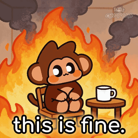 A Cartoon Of A Monkey Sitting In Front Of A Fire With The Words " This Is Fine " GIF