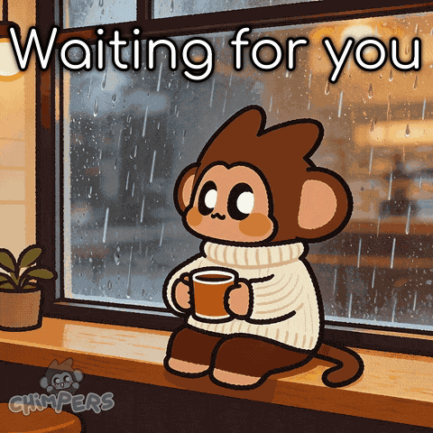 A Cartoon Of A Monkey Sitting On A Window Sill Holding A Cup Of Coffee GIF