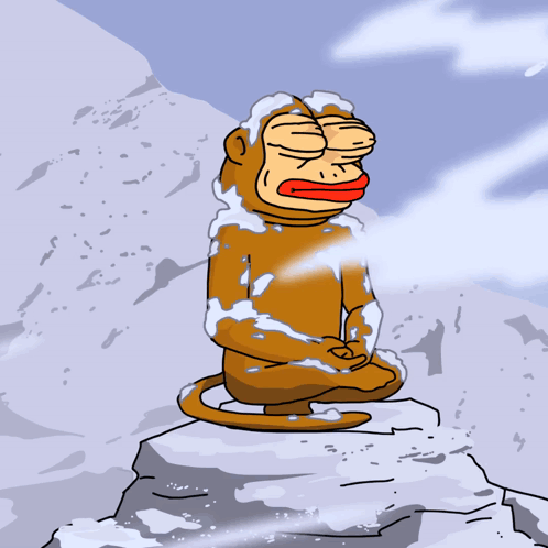A Cartoon Of A Monkey Sitting On Top Of A Snow Covered Mountain GIF