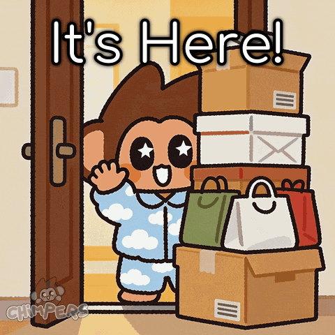a cartoon of a monkey standing in front of a door with the words it 's here on it