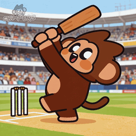 A Cartoon Of A Monkey Swinging A Bat At A Cricket Ball With The Word Grimpers On The Bottom GIF