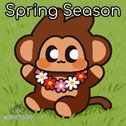 a cartoon of a monkey wearing a flower necklace with the caption spring season