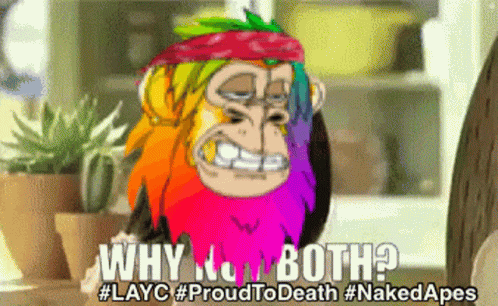 A Cartoon Of A Monkey With A Rainbow Hair And Beard Says Why No Both GIF