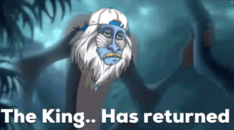 A Cartoon Of A Monkey With The Words The King Has Returned Below It GIF