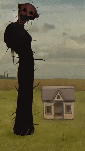 A Cartoon Of A Monster Standing Next To A Small House In A Field GIF