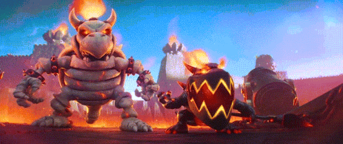 a cartoon of a monster with horns standing next to another monster with a shield