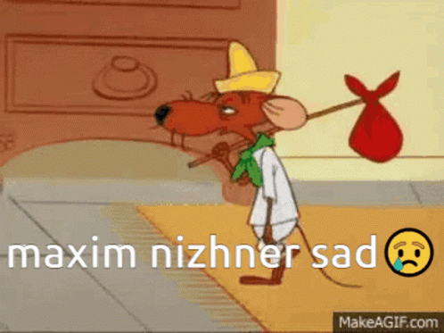 A Cartoon Of A Mouse Carrying A Bag With The Words Maxim Nizhnyer Sad Below It GIF