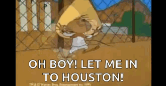 A Cartoon Of A Mouse Saying `` Oh Boy ! Let Me In To Houston '' . GIF