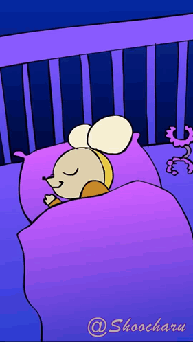 A Cartoon Of A Mouse Sleeping In A Crib With The Name Shoochara On The Bottom GIF