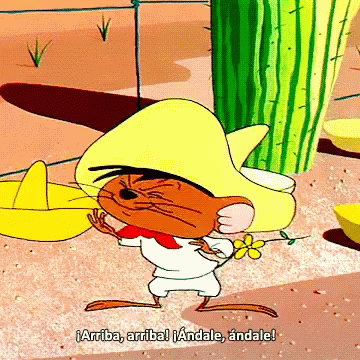 A Cartoon Of A Mouse Wearing A Sombrero Says " Arriba , Arriba ! " GIF
