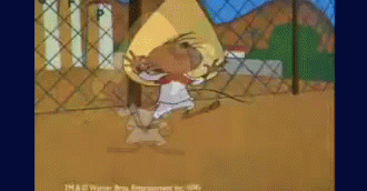 A Cartoon Of A Mouse Wearing A Sombrero Standing In Front Of A Fence . GIF