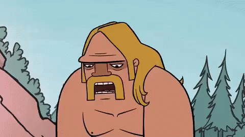 A Cartoon Of A Naked Man With A Mustache And Long Blonde Hair Standing In The Woods . GIF