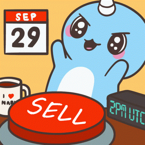 A Cartoon Of A Narwhal Pressing A Red Sell Button GIF