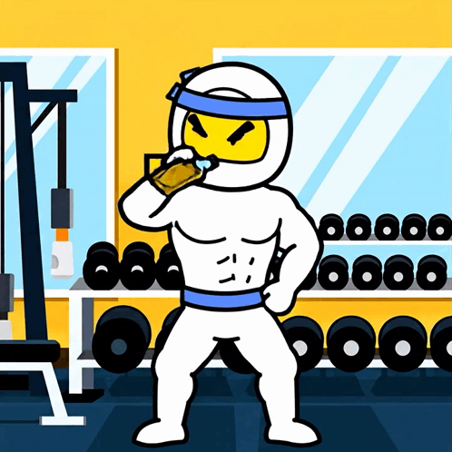 A Cartoon Of A Ninja Drinking A Drink In A Gym GIF