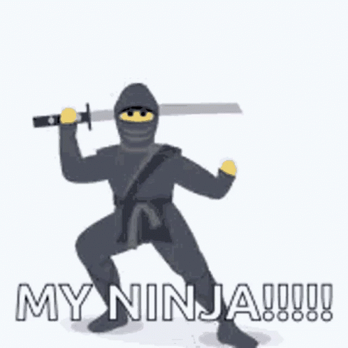 a cartoon of a ninja holding a sword and saying `` my ninja !!! '' .